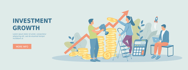 Investment profit growth. Financial advice and successful investments. Business people count spending, risks and profits.Promotional web banner. Cartoon flat vector illustration with people characters