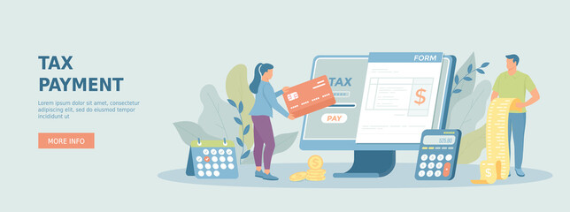 Tax payment. Financial accounting, tax return, optimisation, duty. Man and woman pay tax via online application form. Promotional web banner. Cartoon flat vector illustration with people characters.