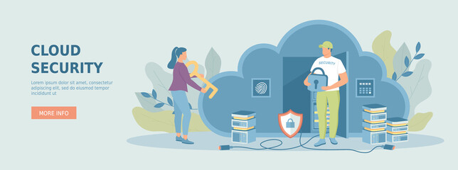Cloud security. Safe storage of personal data in the cloud. Strong password protection, authentication. Promotional web banner. Cartoon flat vector illustration with people characters.