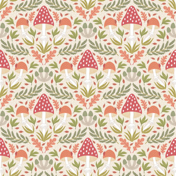 Hand-drawn seamless pattern with wild mushrooms and autumn leaves. Colorful seasonal illustration for paper and gift wrap. Fabric print design. Creative stylish background.