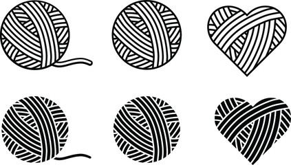 Yarn Ball and Heart Clipart Set - Outline and Silhouette