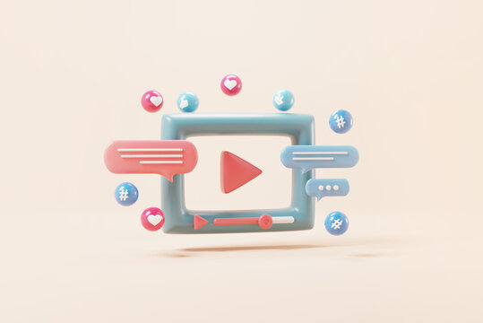 Social media, Minimal video media player Interface on pink background, 3d render.