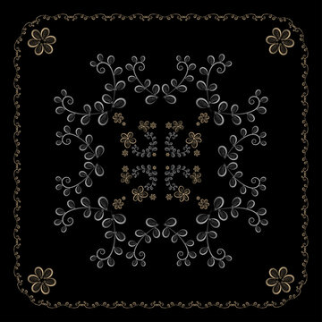 Vector hand-drawn strict floral pattern for design of hijab, shawl, tablecloth, tiles. Squared pattern, black background.