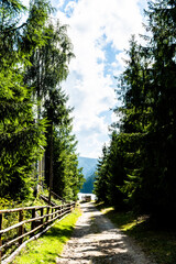 Picturesque road and a camper van near the shore of Belis Fantanele lake. Gilaului Mountains, Cluj County. Romania.