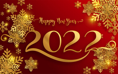 Merry Christmas and happy new year 2022 with gold patterned and crystals on paper color.