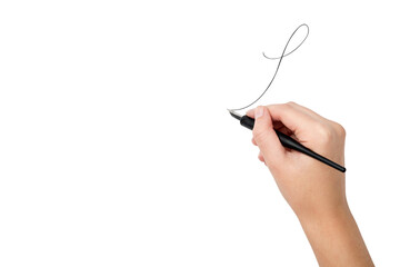 Teaching calligraphy. The hand writes the letter with a fountain pen. Isolated on a white background