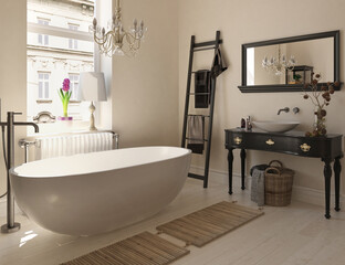 Fototapeta na wymiar Modern bathroom interior with wooden decor in eco style. 3D Render 