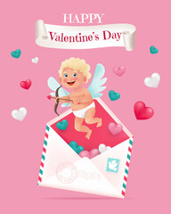 Valentines Day card with cute cupid, hearts and envelope. Vector illustration in cartoon 3d style