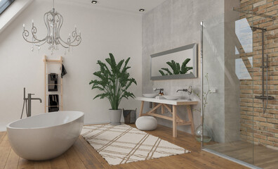 Modern bathroom interior with wooden decor in eco style. 3D Render	