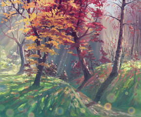 Autumn forest with sunlight painting landscape, oil on canvas art, beautiful nature park artwork illustration, colorful garden with leaves, beautiful trees and hills.