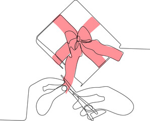 Continuous one line drawing of gift box full of decorative festive object. Holiday banner, web poster, flyer, stylish brochure, greeting card, cover. Xmas background. Vector illustration