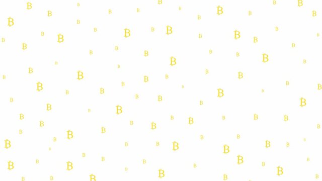 Animated yellow bitcoin background. Money flies from top to bottom. Symbols of bitcoins. Looped video. Vector illustration isolated on the white background.