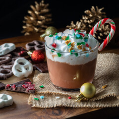 Close up view of a cup of hot chocolate with whip cream and sprinkles. 