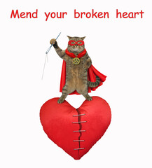 A beige cat hero in a red cloak and a mask mend broken heart. White background. Isolated.