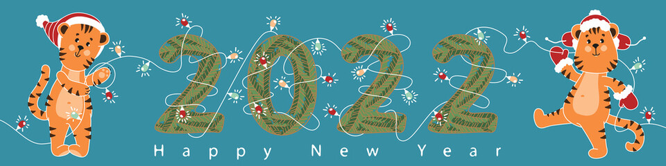 Vector image. New year lettering 2022 with cute tiger cubs, garland and fir branches.