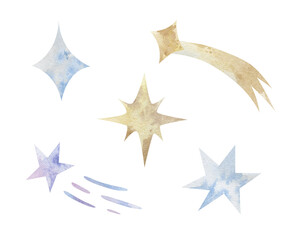 Obraz premium Hand drawn watercolor stars illustration. Set of magical space elements isolated on a white background.