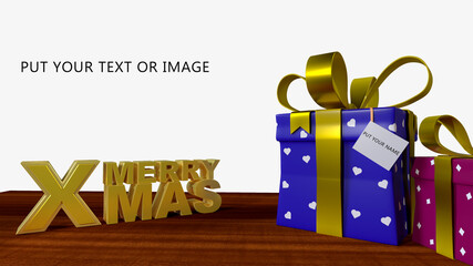 Merry Christmas scene with XMas text and gift boxes Mockup isolated
