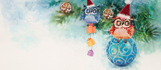 Christmas watercolor banner with owl. Design element.