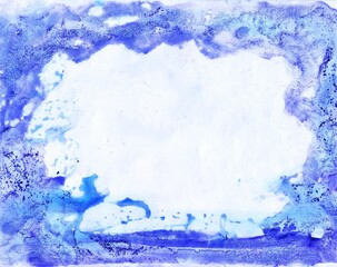 Blue watercolor background. Transparent lines and spots. Paint leaks and ombre effects. Abstract hand-painted image.