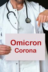 doctor holding sign with the words omicron corona