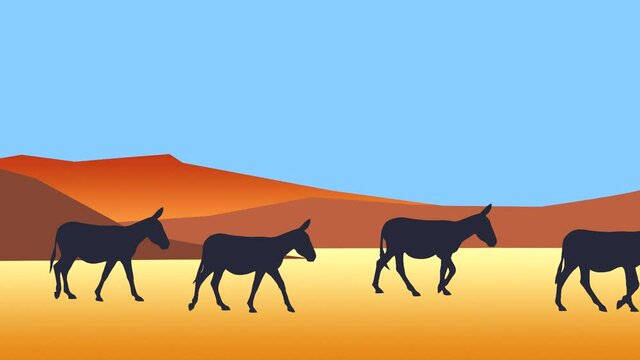 Desert landscape with mountains and walking man with donkeys (animation, seamless loop)
