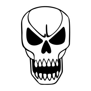 Angry skull, thin line art. Devilish face of death. Human skeleton bones. Hand drawn vector illustration. Black and white isolated doodle element, icon, logo.