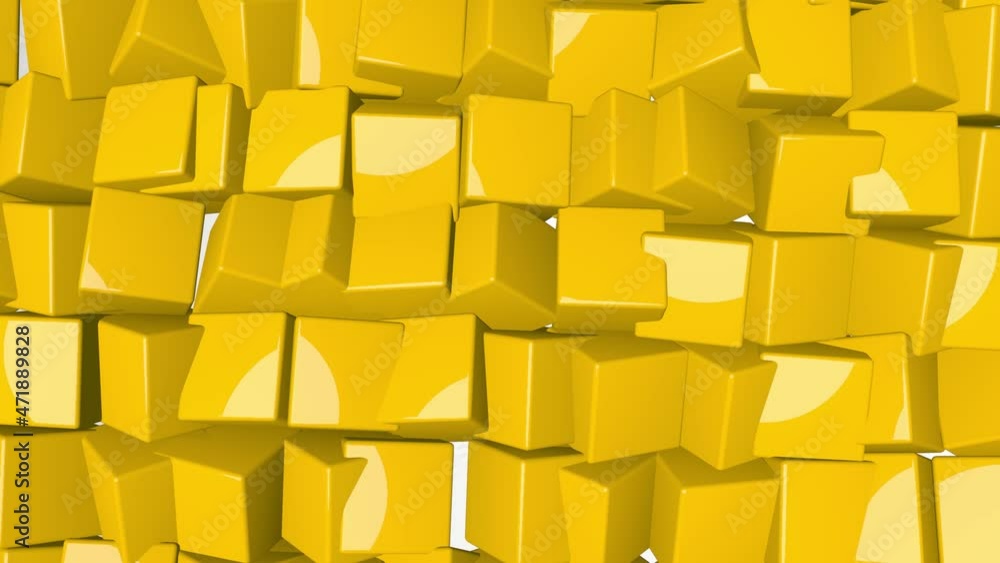 Poster 3d animation of seamless loop background of sunny bright yellow cubes rotating. great for presentati