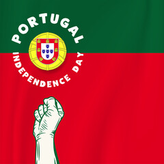Square Banner illustration of Portugal independence day celebration with text space. Waving flag and hands clenched. Vector illustration.