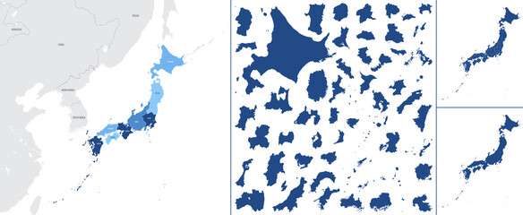 Detailed vector blue map of Japan with administrative divisions into regions and prefectures of the country