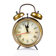 golden colored old style alarm clock isolated on white background. countdown to midnight, noon, new...