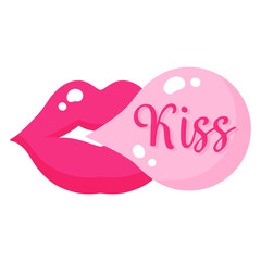 Lips or a kiss with bubble gum. Wedding and valentine day concept.