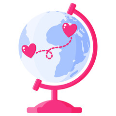 Desktop Earth globe with route and heart. Wedding and valentine day concept.