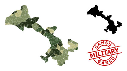 Low-Poly mosaic map of Gansu Province, and scratched military stamp print. Low-poly map of Gansu Province is combined of randomized camouflage color triangles.