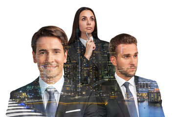Three thoughtful and positive business people consultants in suits. Asia corporate lifestyle, multinational diverse young professionals. Night Singapore city view. Double exposure
