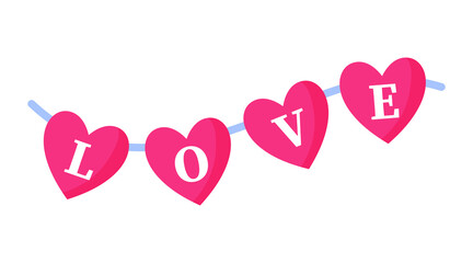 Festive garland with hearts and words love. Wedding and valentine day concept.