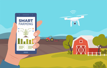 Smart farming, futuristic technologies in farm industry. Smartphone with app for control plants growing, drone, wind mills, agricultural automation. Farm scene with red barn. Rural landscape. Vector.