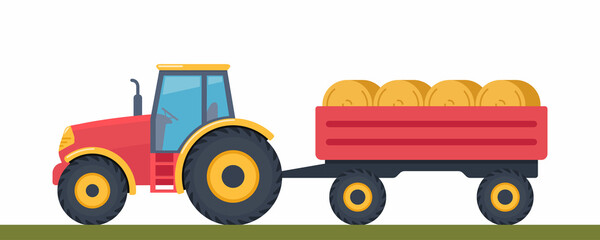 Tractor with trailer. Tractor with hay bales in cart. Agricultural machinery. Farm Machine. Side view of modern tractor. Vector Illustration.