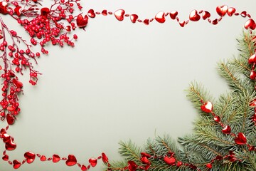 Christmas pine branches with red decor on olive background, xmas concept