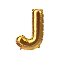 3D Render of Golden inflatable foil balloon letter J. Party decoration element. Yellow character isolated on white background. New year celebration postcard part. Graphic element sign for web design
