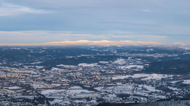 beautiful winter view of the valley from Je&scaron;těd and sunset