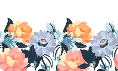 Vector floral seamless pattern, border. Horizontal panoramic design with orange, blue and coral colored flowers isolated on a white background. 