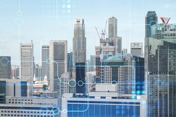 Technology hologram over panorama city view of Singapore. The largest tech hub in Asia. The concept of developing coding and high-tech science. Double exposure.