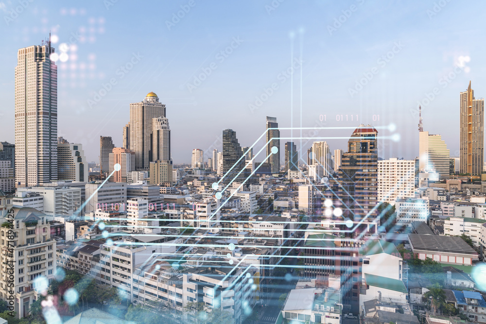 Aufkleber technology hologram over panorama city view of bangkok. the largest tech hub in southeast asia. the 