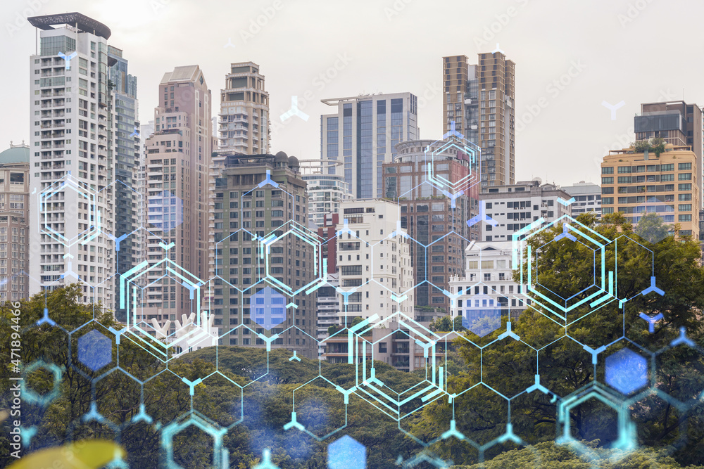 Poster technology hologram over panorama city view of bangkok. the largest tech hub in southeast asia. the 