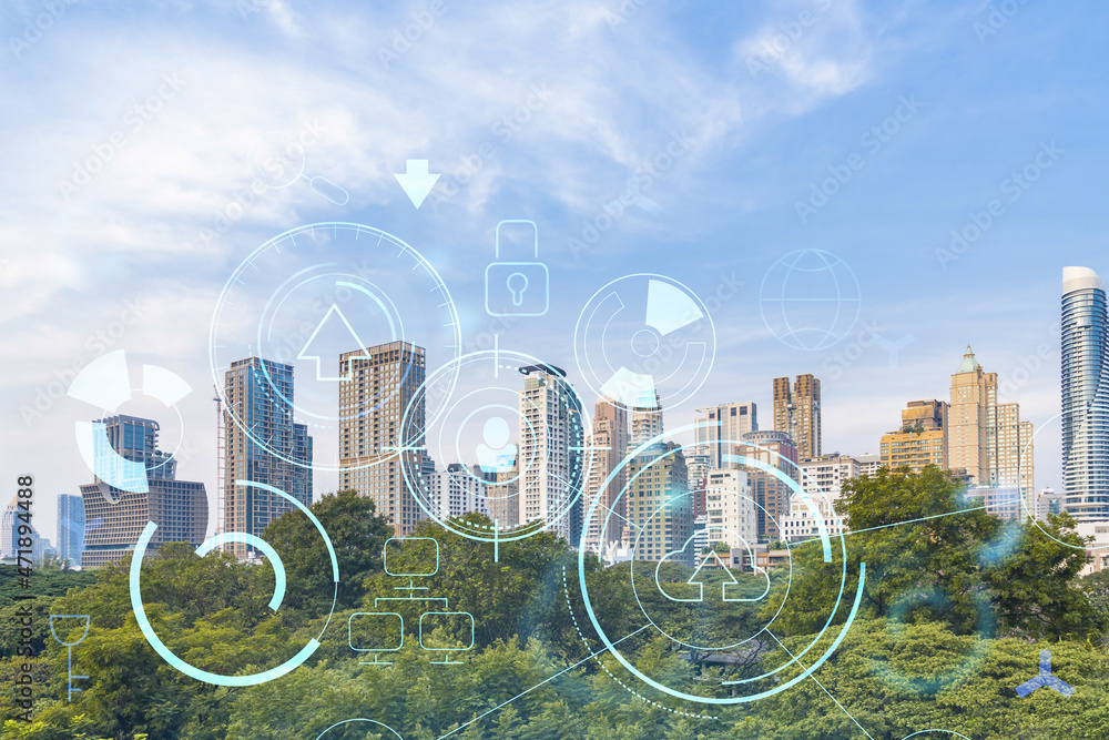 Poster technology hologram over panorama city view of bangkok. the largest tech hub in southeast asia. the 