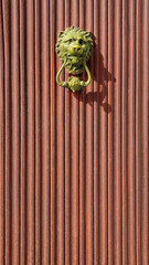 Metal lion head door knocker. Vertical photo of an old fashioned, antique door bell