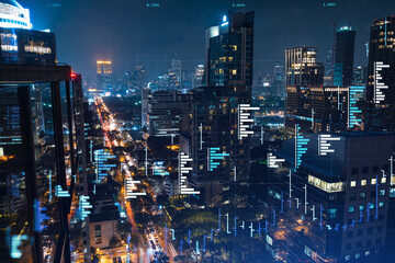 Fototapeta na wymiar Stock market graph hologram, night panorama city view of Bangkok, popular location to gain financial education in Southeast Asia. The concept of international research. Double exposure.