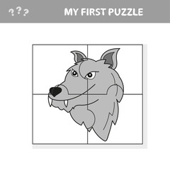 Vector puzzle game for children. Puzzle with wolf. Jigsaw game for kid. Visual, rebus, puzzle, educational game for preschool child