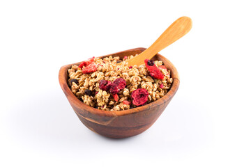 Muesli oat cereals close up background with dry fruits