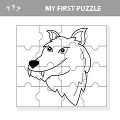 Vector puzzle game for children. Puzzle with wolf. Jigsaw game for kid. Visual, rebus, puzzle, educational game for preschool child. Coloring page